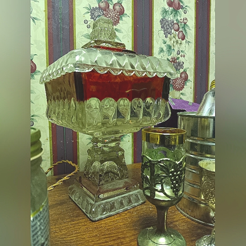Vintage Smith Glass Flash Cranberry Red & Clear Lidded Candy Dish Compote